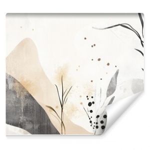 Abstract botanical design features delicate plants and organic shapes in muted colors on a textured background