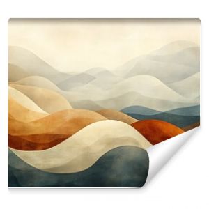 Abstract watercolor landscape of rolling hills in muted earth tones.