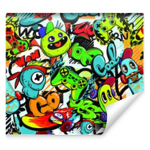 Abstract seamless cartoon pattern for kids, teenagers, fashion textile, clothes, wrapping paper. Repeated print with monsters doodle characters, graffiti text, gamepad, skateboard.