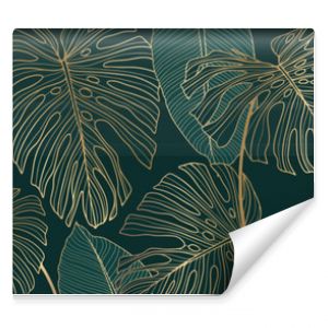 Luxury gold and green nature vector background. Floral pattern, tropical plant with golden split leaves with monstera plant line art, vector illustration.