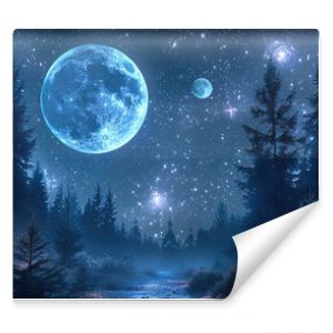 A moody forest landscape with a night sky featuring stars and a large blue moon along with planets. Incorporate a few galaxies into the sky.