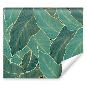 Luxury leaves wallpaper design gold and nature green background vector. Hand drawn linear golden abstract leaves. Vector Illustration