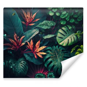 Lush colorful tropical leaves, dark background. AI