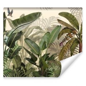 Tropical plants wallpaper design, Jungle background, big leaf and bird, back yard, landscape, mural art.