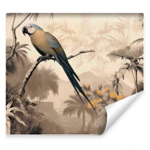 Parrot sitting on branches in a rainforest, vintage illustration on light brown background in boho style