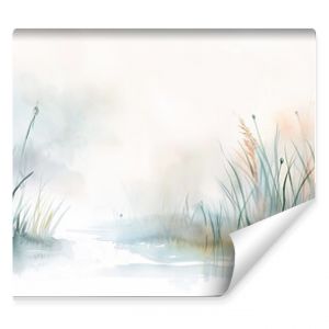 Watercolor painting of grass and reeds by the water landscape scenery nature tranquil serene peaceful misty hazy atmospheric soft delicate muted tones gentle colors ethereal dreamy calming meditative