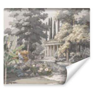 Ancient Greek garden with Parthenon in the distance landscape illustration in muted colors