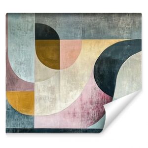 Abstract geometric pattern in muted colors on a textured wall.