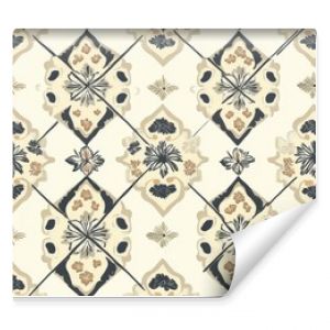 Geometric pattern of diamond shapes with floral designs in muted colors creates an intricate textile design suitable for various decor styles