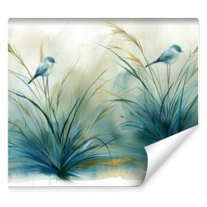 Two small blue birds sit on tall grassy plants, surrounded by soft, muted colors. The peaceful environment evokes a sense of calm and tranquility, illustrating the beauty of nature.