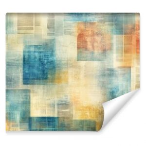 A textured abstract background featuring colorful squares and faded text.