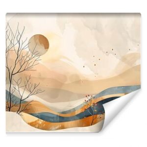 Abstract minimalist landscape painting with muted earth tones, featuring stylized trees, hills, and a sun.