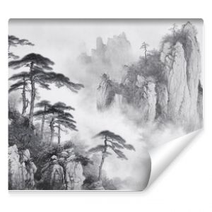 Black and white Chinese style ink style landscape painting, hand-painted national style artistic conception ink style landscape painting illustration