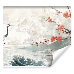 Decorative cherry blossom pattern with ocean sea decoration banner design in vintage style. Japanese background with watercolor painting texture.