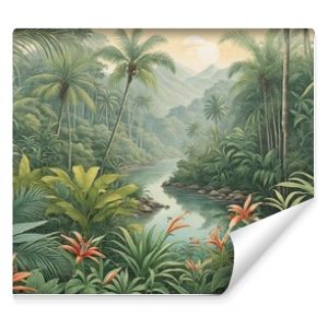 Vintage tropical botanical illustration of a lush jungle paradise