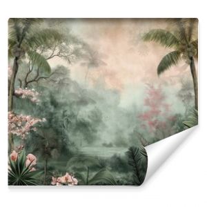 Vintage wallpaper of an exotic forest with toucans, blooming orchids and hidden streams in pastel tones. mural art style. 