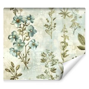 A background pattern of vintage botanical prints featuring wildflowers in muted tones of blue and green, arranged in an elegant, repeating design.