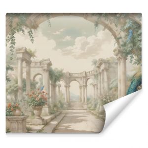 Classical Roman ruins with garden, peacock, bird, botanical tree and flower art prints wallpaper mural for living room decoration