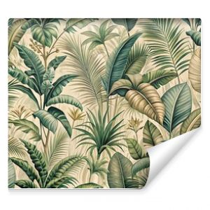 Vintage tropical jungle pattern for seamless wallpaper fabric texture tapestry background in green beige muted colors