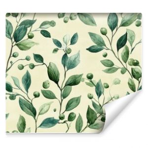 Seamless watercolor pattern featuring green winter leaves branches and mistletoe berries ideal for wedding invitations and seasonal promotions