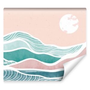 Creative minimalist modern paint and line art print. Abstract ocean wave and mountain contemporary aesthetic backgrounds landscapes. with sea, skyline, wave. vector illustrations