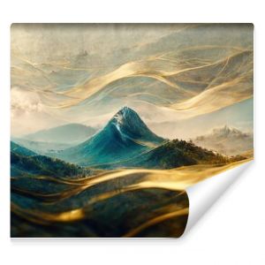 Minimalistic mountain landscape with watercolor brush in Japanese traditional style. Wallpaper with abstract art for prints or covers. 3d artwork