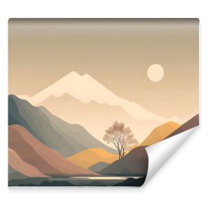 Minimalist landscape scenery wallpaper with single tree. Illustration design in 2D. Generative AI.