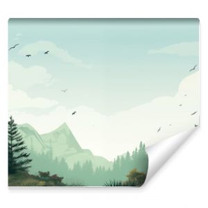 Minimalist Mountain Forest Landscape Wallpaper, Simple Nature Illustration and Tranquil Backdrop, Pine and Spruce Tree Wilderness