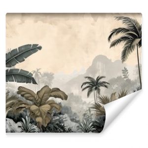 Old retro wallpaper of a lush jungle landscape.