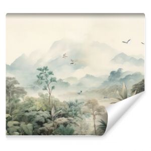 Watercolor pattern wallpaper. Painting of a jungle landscape with birds.