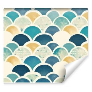 Seamless pattern of blue, teal, yellow, and white fish scales, perfect for a nautical, marine, or coastal-themed design project.