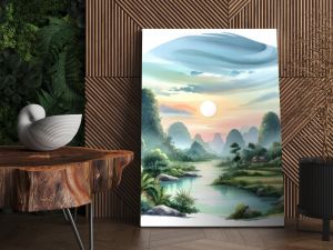 Watercolor pictures of rivers, trees, mountains, sun, beautiful evening views