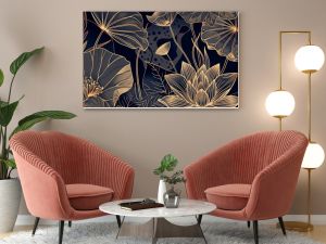 Elegant hand-drawn botanical leaves and gradient gold lotus flowers line art with tropical foliage for luxury background design