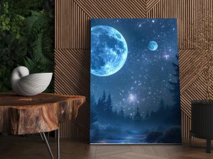 A moody forest landscape with a night sky featuring stars and a large blue moon along with planets. Incorporate a few galaxies into the sky.