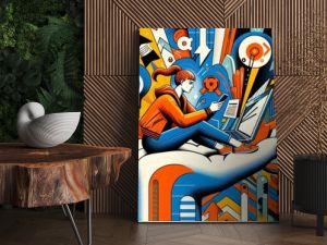 "The image portrays a young woman working on a laptop while sitting on a giant hand, set against a dynamic backdrop of geometric shapes and patterns. The vibrant colors and abstract elements evoke a s