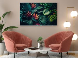 Lush colorful tropical leaves, dark background. AI