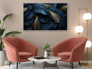 Dark blue and gold tropical leaves Exotic background, Ai Generated