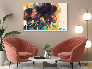 abstract colorful painting of group portraits, african american women and men -