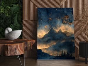 A seamless watercolor pattern featuring a starry night sky, deep indigo and gold tones, twinkling stars, crescent moon, ethereal glow, soft gradients, hd quality, natural look. 