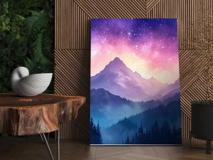 Vibrant watercolor night sky featuring stars, mountains, and silhouetted trees, creating a serene and magical atmosphere.