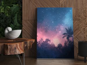 Hand painted watercolor of a starry night sky with the Milky Way visible and soft, glowing colors