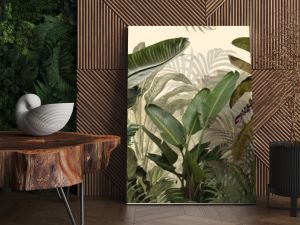 Tropical plants wallpaper design, Jungle background, big leaf and bird, back yard, landscape, mural art.