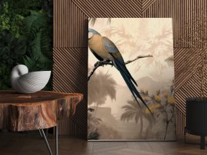 Parrot sitting on branches in a rainforest, vintage illustration on light brown background in boho style