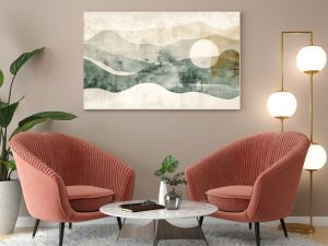 A serene abstract landscape featuring muted colors and gentle curves, evoking a calm and tranquil atmosphere. 