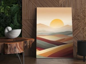 stylized landscape with sunset over rolling hills 