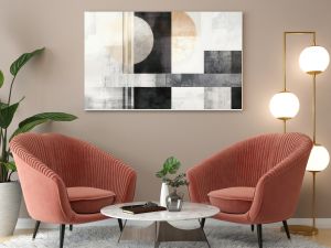 abstract geometric composition layered shapes textured elements muted color palette modern wallpaper design