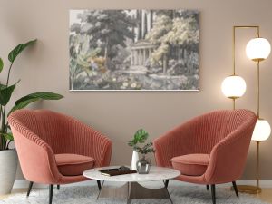 Ancient Greek garden with Parthenon in the distance landscape illustration in muted colors