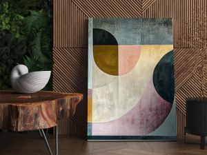 Abstract geometric pattern in muted colors on a textured wall.