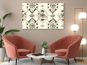 Geometric pattern of diamond shapes with floral designs in muted colors creates an intricate textile design suitable for various decor styles