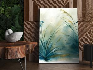 Two small blue birds sit on tall grassy plants, surrounded by soft, muted colors. The peaceful environment evokes a sense of calm and tranquility, illustrating the beauty of nature.